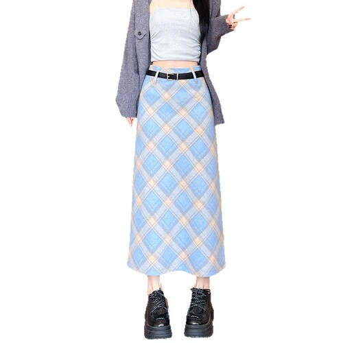 Woollen A-line maxi skirt, autumn-winter retro 2026 new style women's versatile high-waist slimming gingham semi-skirt