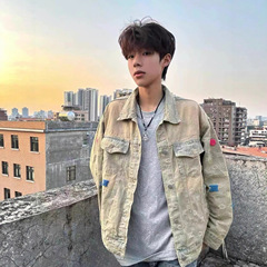 网红同款美式街头黄泥水洗做旧复古牛仔衣男女宽松潮牌夹克外套潮