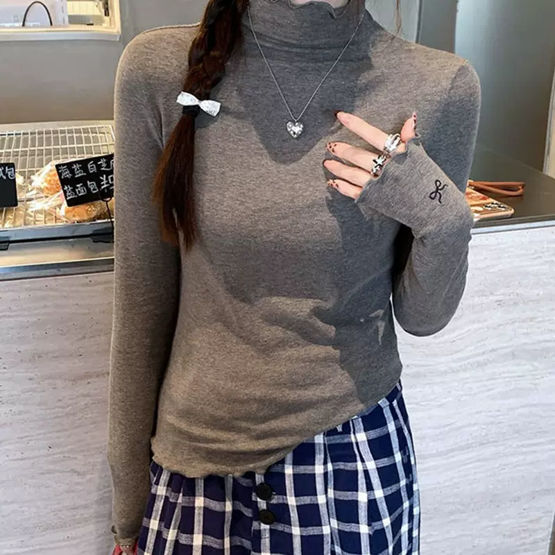 半高领针织衫女木耳边打底衫内搭秋冬新款高级感修身显瘦长袖上衣