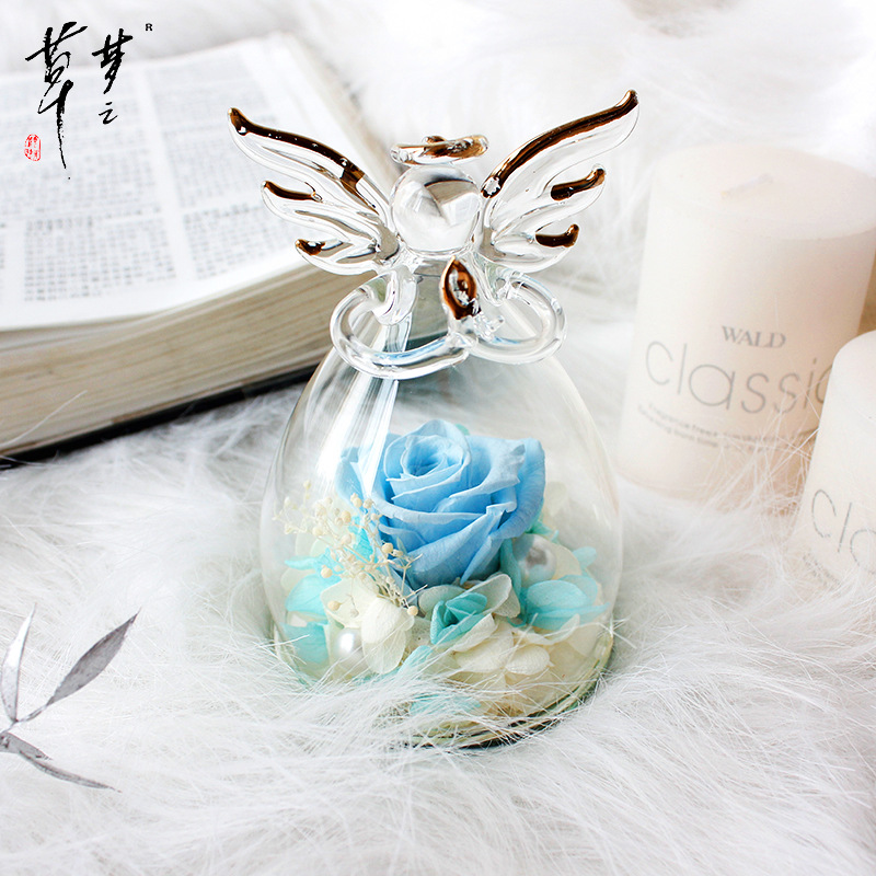 Comercio exterior Ángel flor eterna al por mayor Rosa cubierta de vidrio hecho a mano Amazon cumpleaños Día DE LA MADRE Día de San Valentín regalo