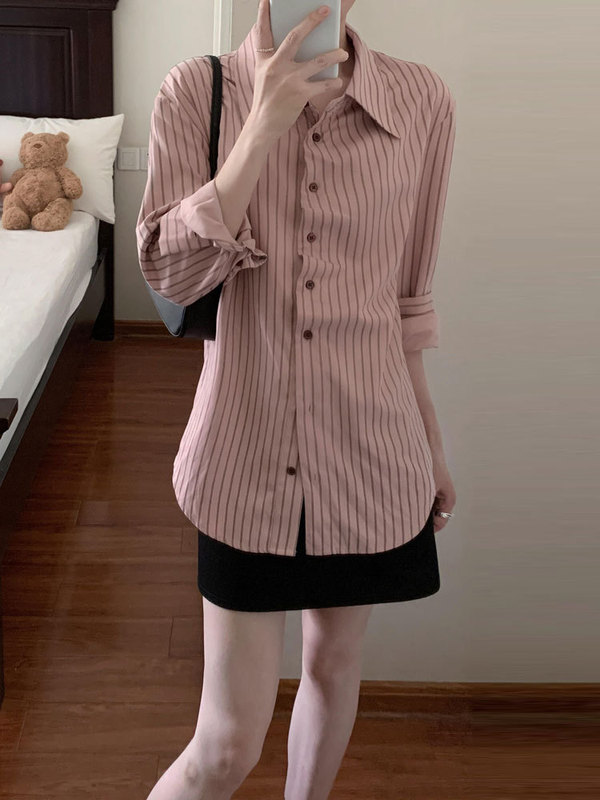 法式复古粉色条纹衬衫上衣女高级感休闲宽松长袖衬衣外搭开衫秋季|undefined