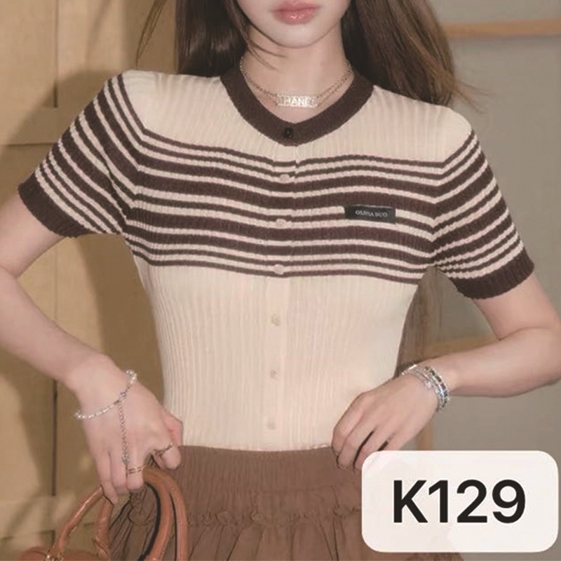 Korean-style retro aesthetic linen color-block striped knit cardigan women's short-sleeve round-neck buttoned versatile slim-fit top Korean-style retro aesthetic linen color-block striped knit cardigan women's short-sleeve round-neck buttoned versatile slim-fit top