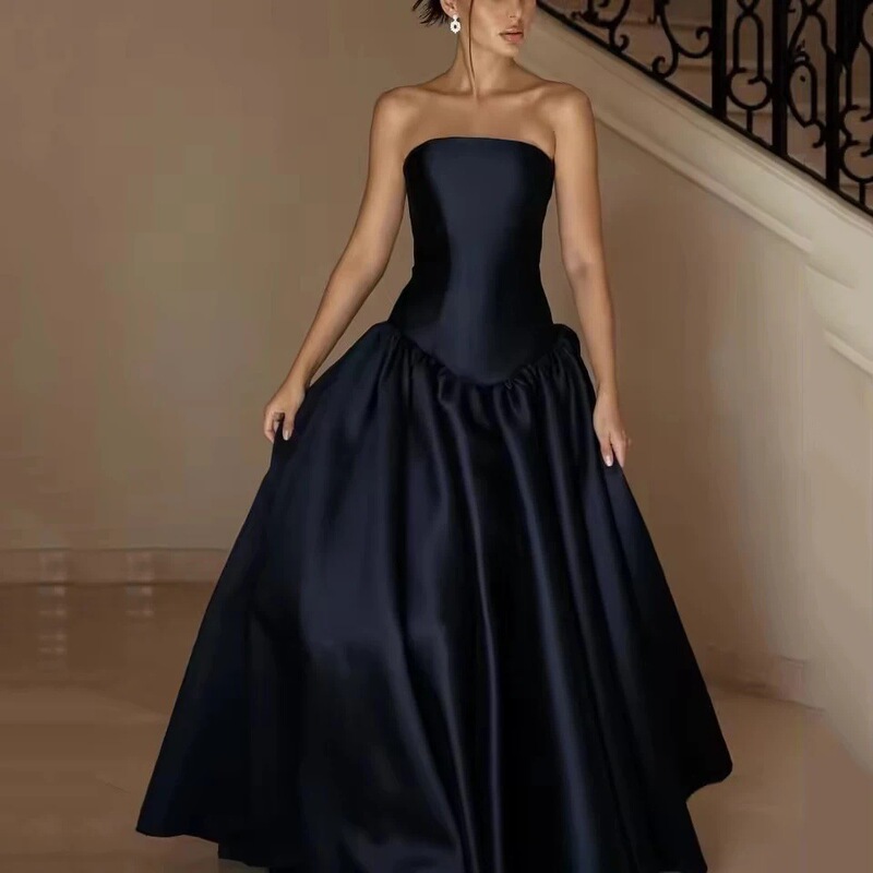 Elegant Black Prom Dresses Strapless A-Line Party Evening Dresses for Women Floor-Length Special Occasion Dresses