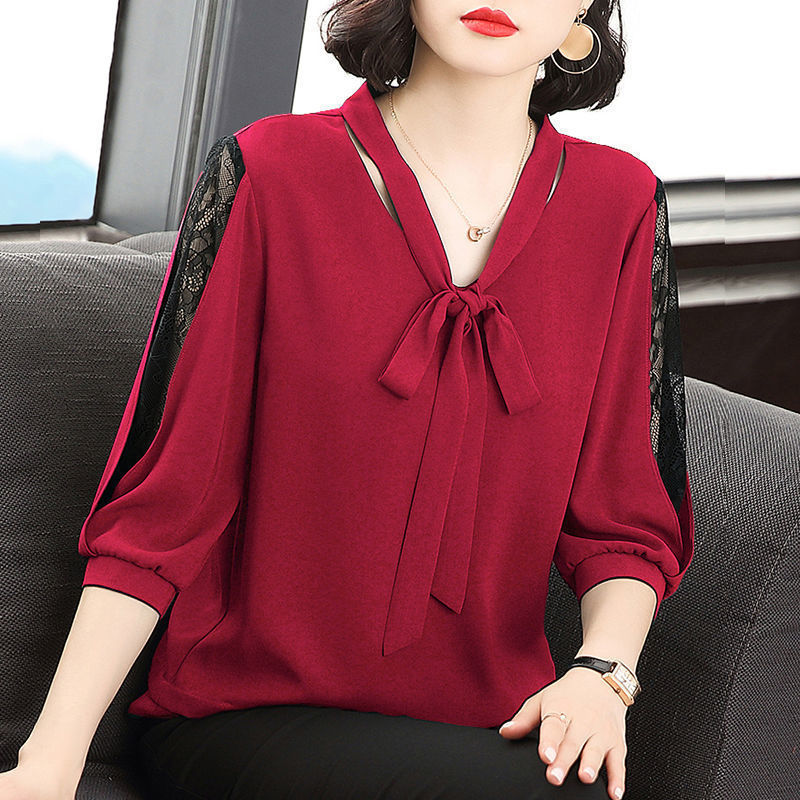 Chiffon Shirt Western Style Super Fairy Shirt V-neck Turtleneck Bow Mid-sleeve Loose Large Size Belly Covering Lace Base Shirt