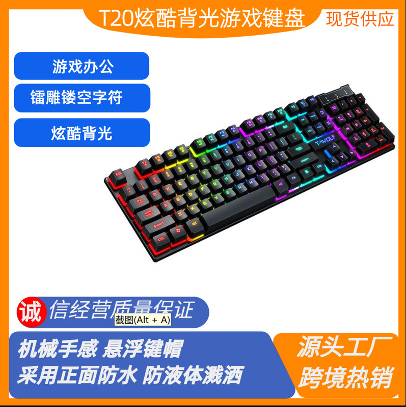 Cross-border wholesale Thunderwolf T20 luminous RGB gaming keyboard Spanish suspension Russian USB wired keyboard