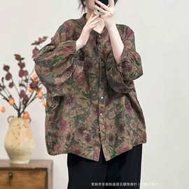 2026秋季新款文艺休闲森系印花苎麻开衫 宽松休闲翻领衬衫女