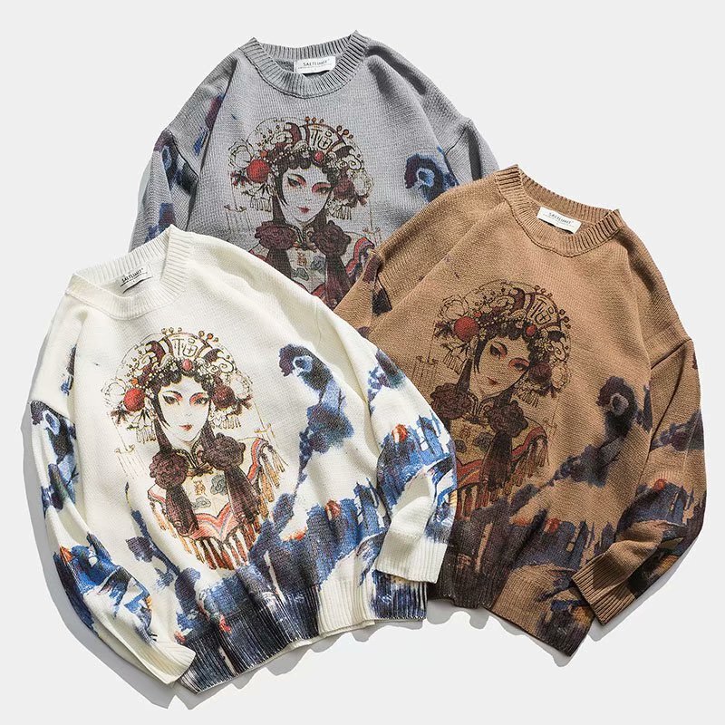 Autumn and Winter National Trend Sweaters for Men, Hong Kong Style Street Style Couple's Chinese Style Pullover Loose Casual Knitwear