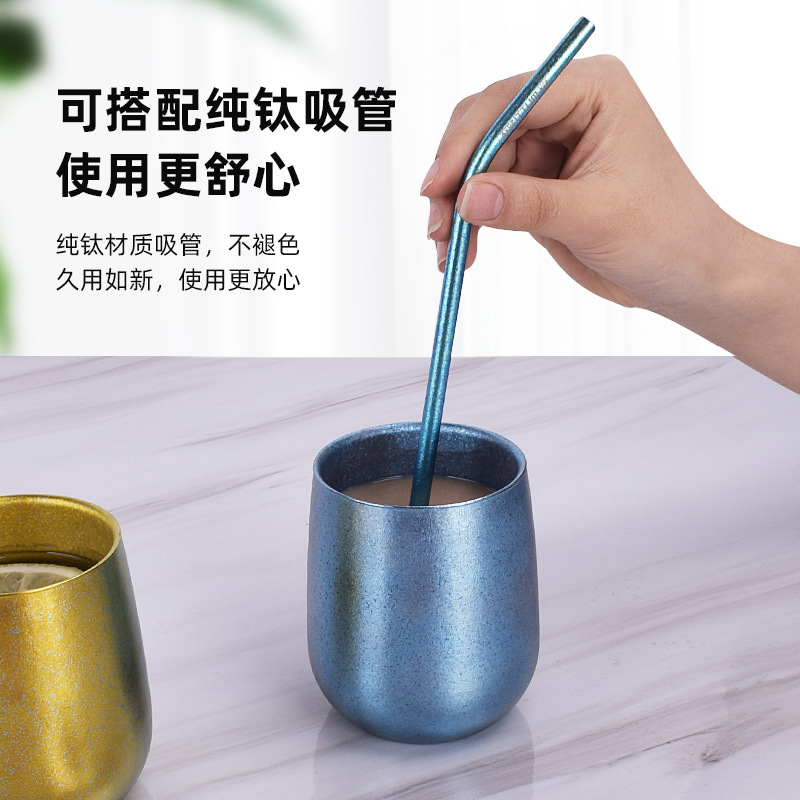 Taza de agua de titanio puro hogar doble capa de cristal de hielo taza de té al aire libre con tapa traje caja de regalo Luz de lujo leche café ganso taza de huevo