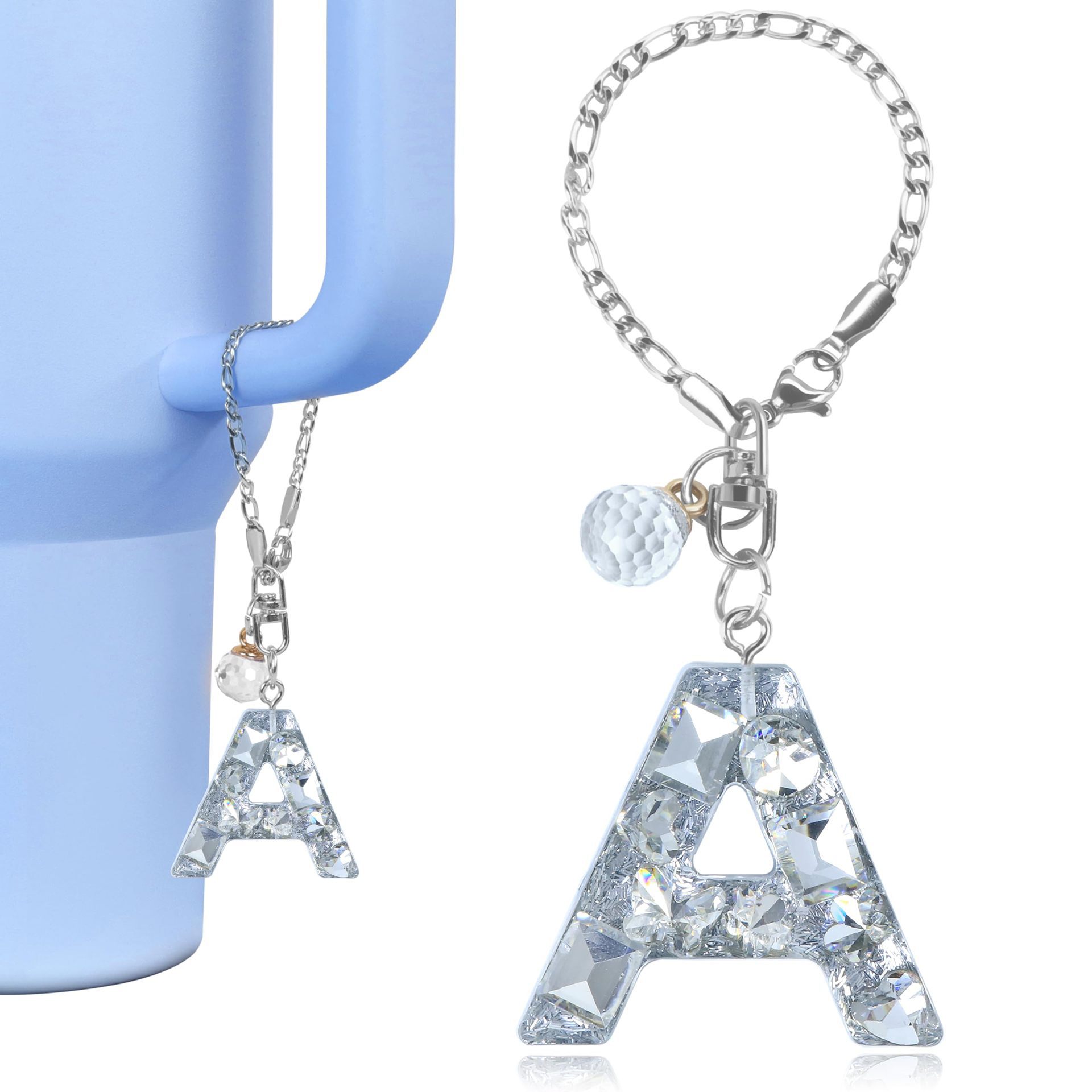 Copa Stanley europea y americana, colgante de letras de diamantes, vaso, cadena de taza de botella, bola de cristal, accesorios de llavero de letras en inglés