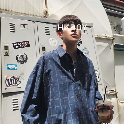 Men's Long-Sleeve Grid Shirt, Korean Style Trendy Student Collar Shirt, Fashion Men's Shirt, Casual Jacket Top