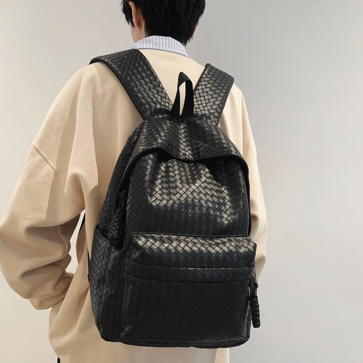 Foreign Trade PU Backpack Men and Women Korean Style Woven Backpack Large Capacity Backpack Commuter College Style Schoolbag Business Computer Backpack