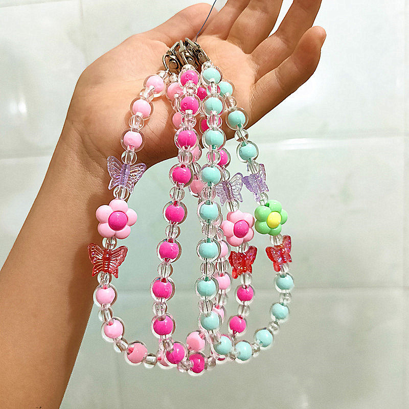 Flor Mariposa Caja del teléfono móvil Cadena con cuentas Douyin Bolso en vivo Auriculares Llavero Macaron Colgante Accesorios Cuerda