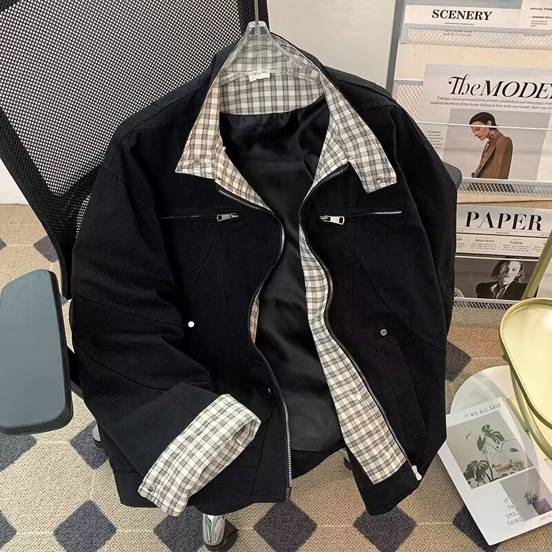Grid Splicing Jacket, Trendy Loose Baseball Jacket, Lapel Workwear Jacket_voghion.com