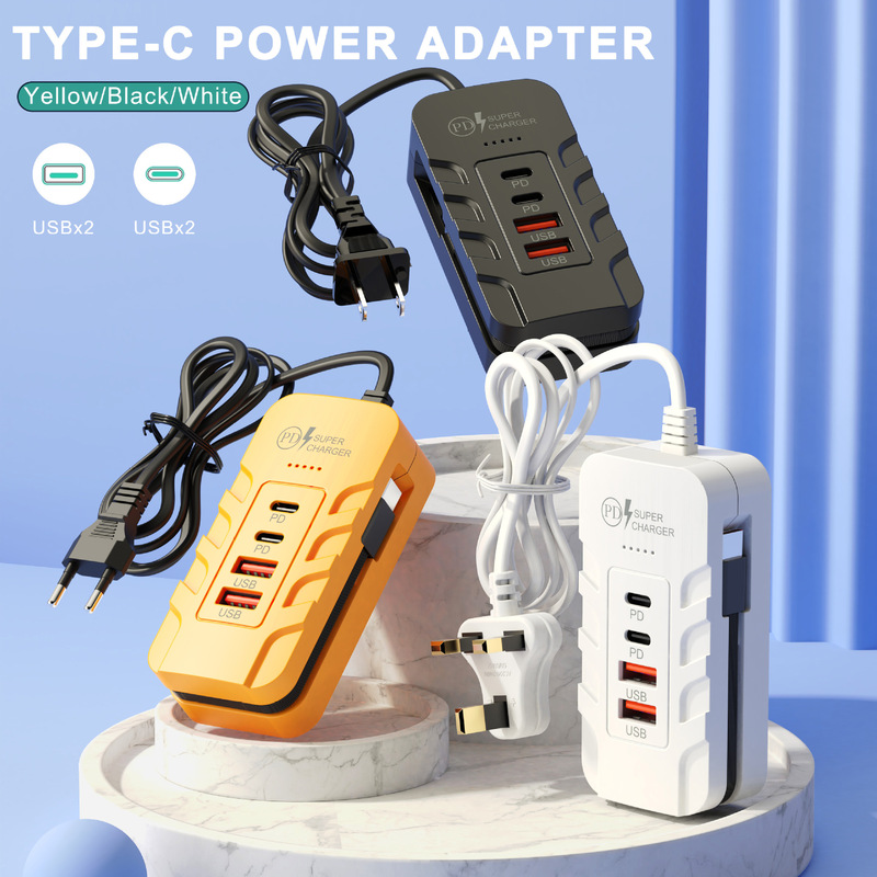 New Mobile Phone 4-Usb Charger with Multiple Ports, Dual Pd Charging Head, Type-C Cable, Fast Charging, Suitable for Apple and Android