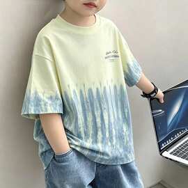 2026年韩版渐变儿童男童上衣宽松短袖吊染扎染男孩中大童纯棉T恤