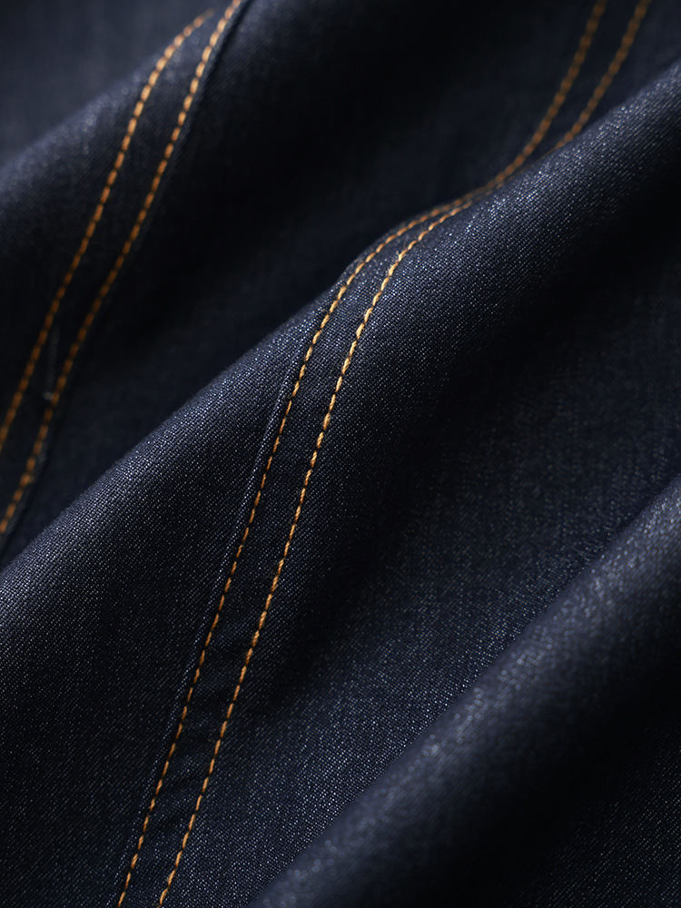 Đầm denim nữ tay ngắn thắt eo phong cách vintage chất liệu tencel cotton thoáng mát — màu xanh đậm