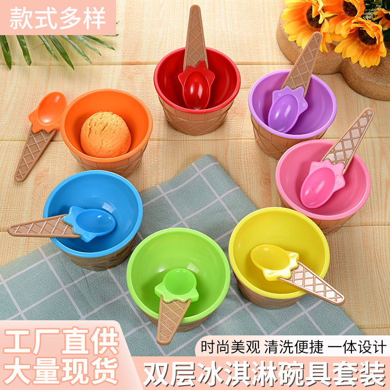 Ice Cream Bowl Set Ps Ice Cream Spoon Bowl Tableware Set Creative Kidsren Cartoon Double Layer Wholesale Amazon