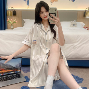 Pajamas Women's Summer Thin Ice Silk Short-sleeved Cardigan Nightgown Sweet Pure Loose Shirt Skirt Home Wear Outfit