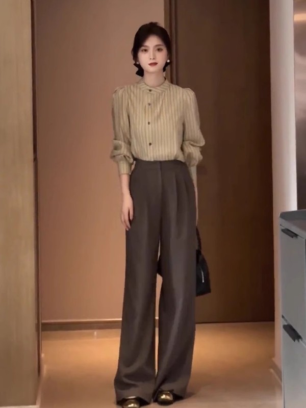 盐系轻熟高级感时尚休闲卡其色衬衫阔腿裤子两件套装职业女装秋季|undefined