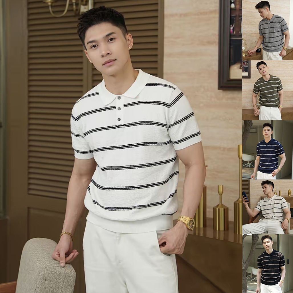 Polo camiseta de punto camiseta de manga corta hombre con solapa estriada textural vieja camiseta de hielo de verano fábrica transfronteriza al por mayor