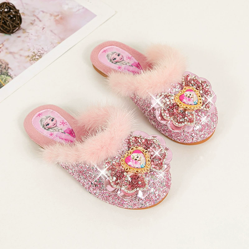 Детские тапочки 2025: Новинка осени-зимы, плюшевые тапочки с закрытым носком в стиле Эльзы Принцессы для девочек, домашние плюшевые тапочки