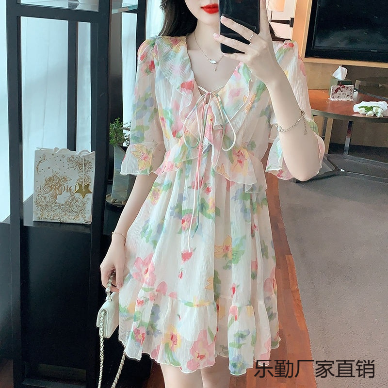 2025年春季连衣裙名媛风韩版瑞丽甜美淑女型V领边裙时尚潮领