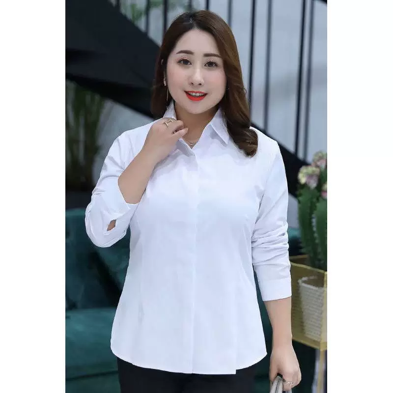 Белая женская рубашка больших размеров с длинным рукавом, весна/лето 100kg года, свободного кроя для полных девушек, официальная рубашка профессиональной спецодежды.