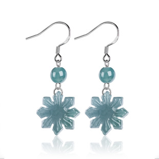 S925 Silver Set Natural A Goods Jade Blue Water Sunflower Earrings Ice Jade Ancient Style Women's Earrings Earrings