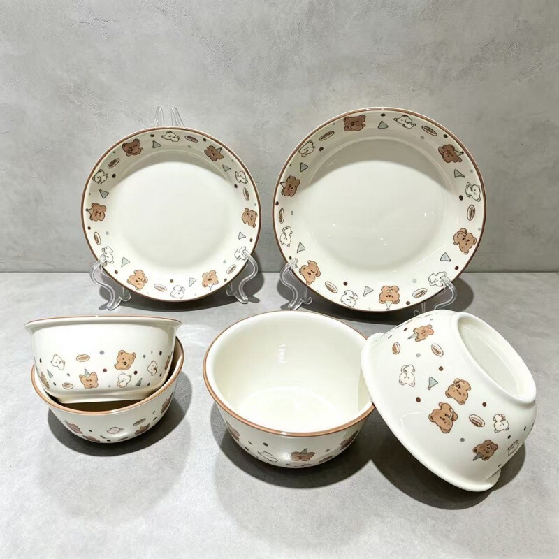 Bear-themed cream-style household cartoon ceramic tableware set: dining bowls, noodle bowls, soup bowls, dish plates, fruit plates, deep plates Bear-themed cream-style household cartoon ceramic tableware set: dining bowls, noodle bowls, soup bowls, dish plates, fruit plates, deep plates