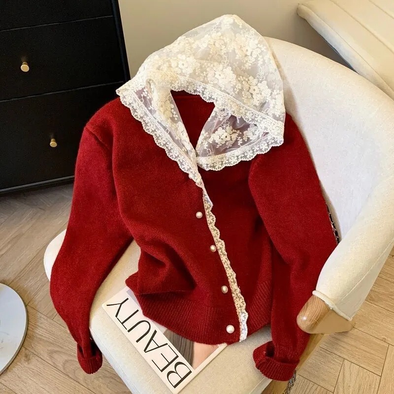 Super Stylish Lace Patchwork Hooded Knit Cardigan for Women, Autumn and Winter Fashion, Chanel-Style Sweater Coat, Loose French-Style Top