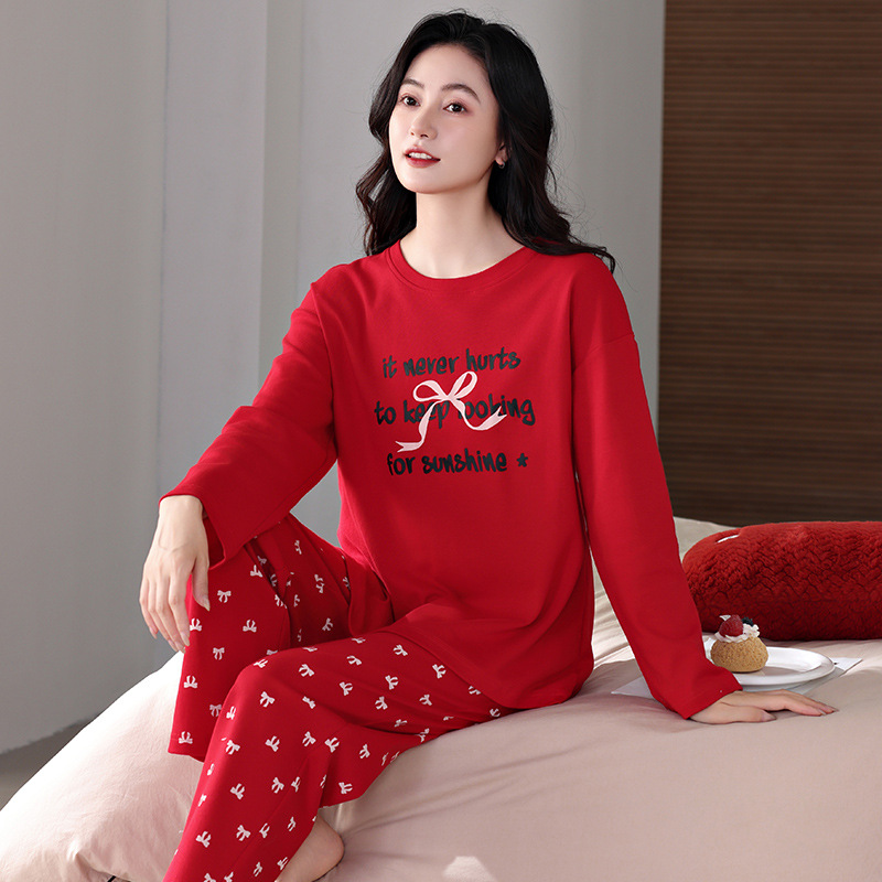 붉은 여성 잠옷 봄과 가을 면화 2025 년 뱀의 새 플러스 사이즈 통통녀 가을과 겨울 올해 가정 의류 도매