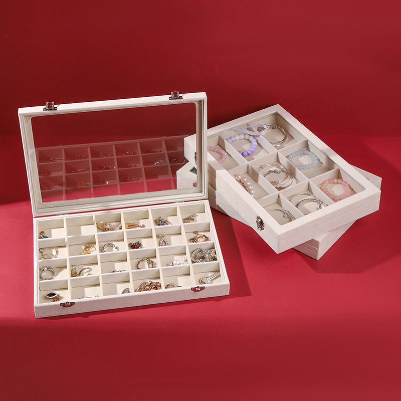 Beige Jewelry Box Large Capacity Velvet Jewelry Box Ring Necklace Earrings Storage Box High-End Portable Dust Box