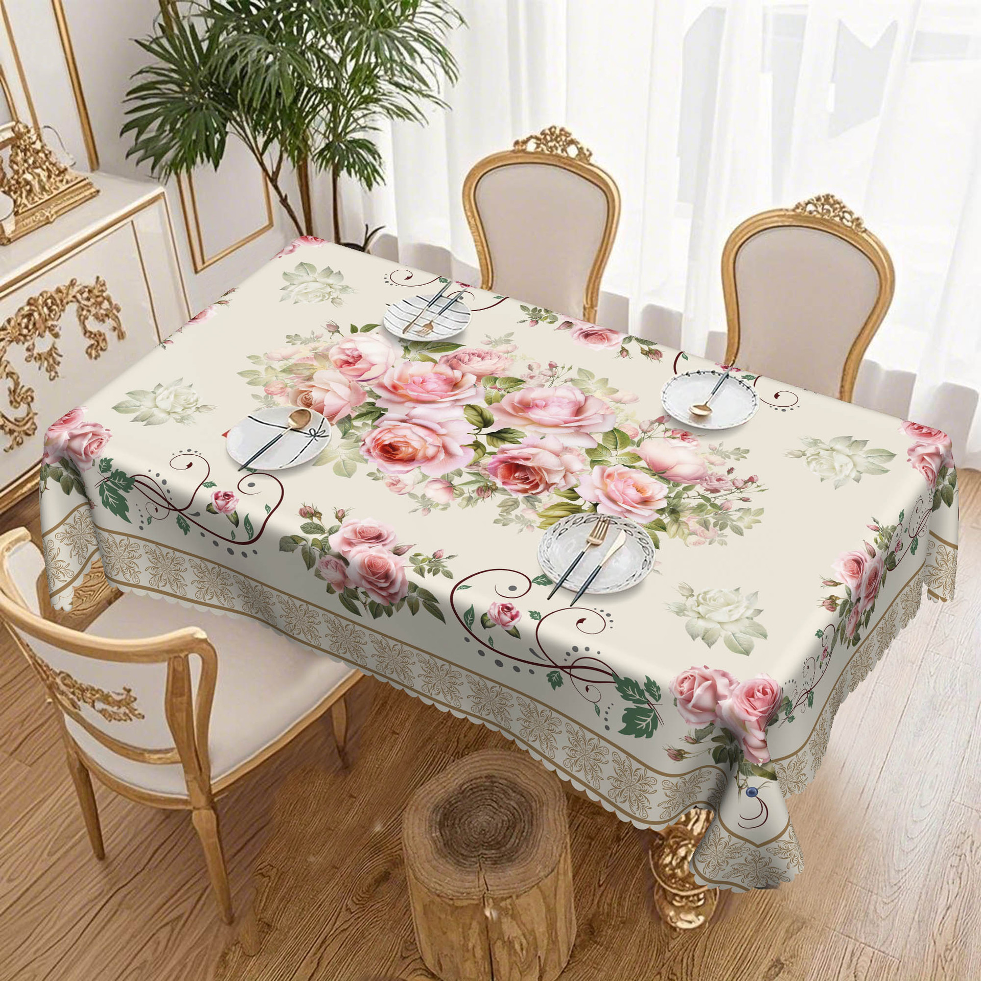 1Pc Retro and Elegant Rose Flower Pattern Design Tablecloth, Spring and Summer Decoration, Table Decoration