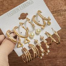 跨境热销欧美金色C形几何大圆圈耳环套装女创意复古珍珠圆环耳圈