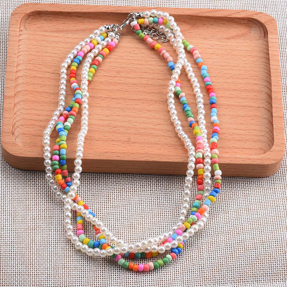 欧美跨境新款珍珠项链波西米亚风时尚手工编织彩色米珠多层项链