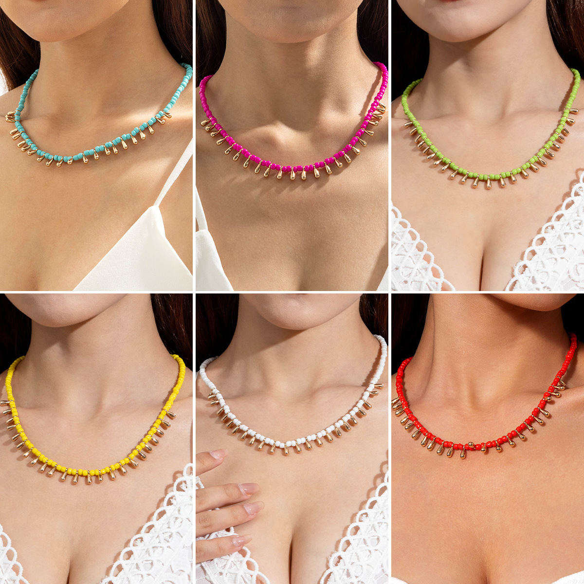 Lina Girl European And American Jewelry Bohemian Style Retro Rice Bead Necklace CCB Water Drop Versatile Women's Choker Wholesale_voghion.com