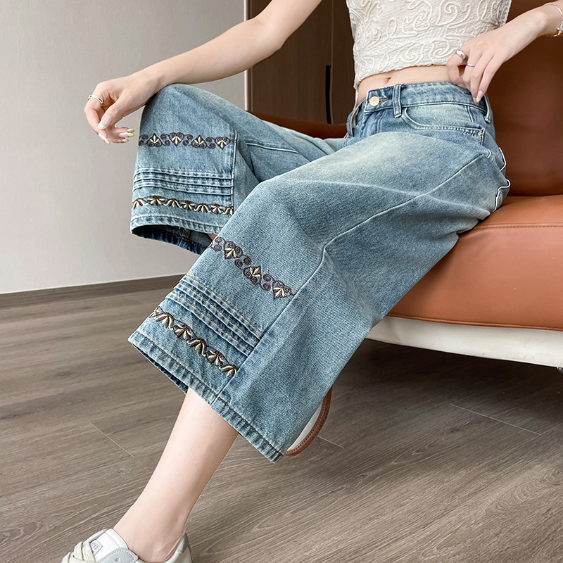 国民風刺繍小柄春秋ストレート9点ウエストシガレットパイプジーンズレディースハイウエスト新作8点ワイドレッグパンツ|undefined