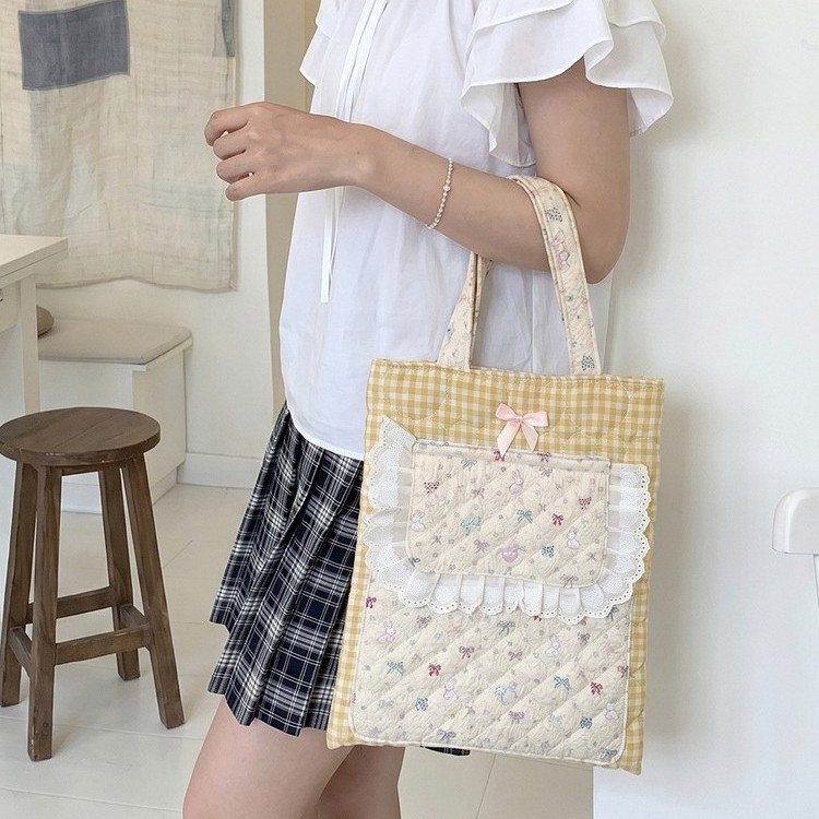 65237 Pink and white checkered quilted iPad bag with lace trim, Korean-style girly tablet protective handbag