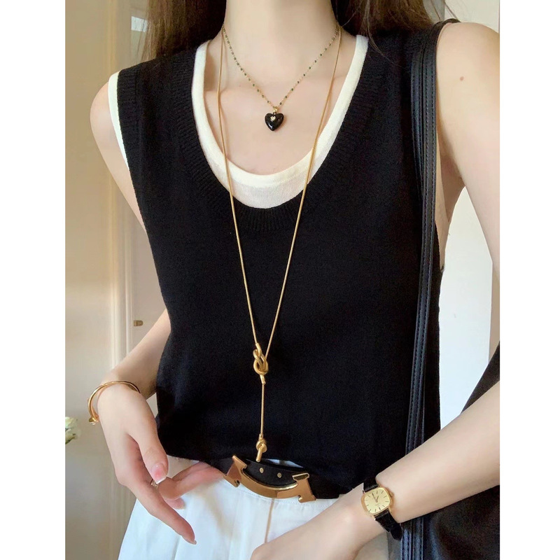 Two-color delicate skin-friendly silk wool fake two-piece slimming vest fashionable lazy clavicle sweater