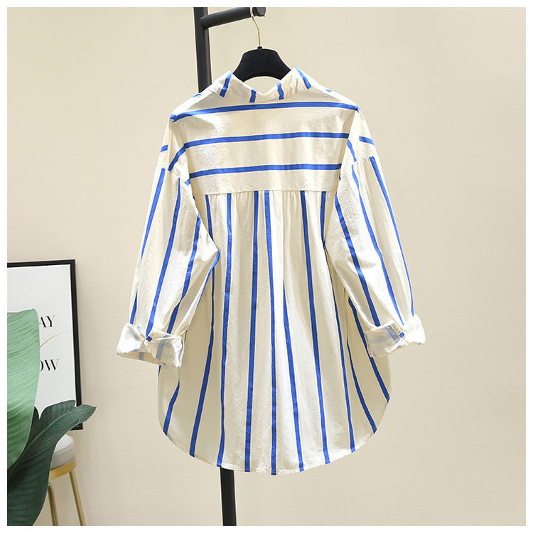 棉2024春秋新款韩版小清新百搭开衫条纹印花单口袋宽松长袖衬衫女详情9