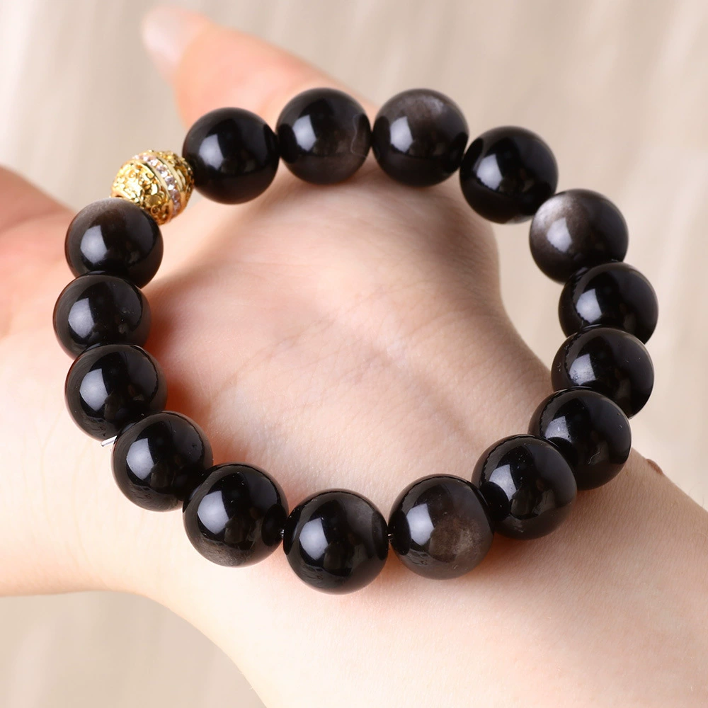 Браслет из черного золота и серебра с кристаллами обсидиана, браслет из полудрагоценных камней с блестящим обсидианом 11 мм на год рождения, гладкий, безопасный и безопасный