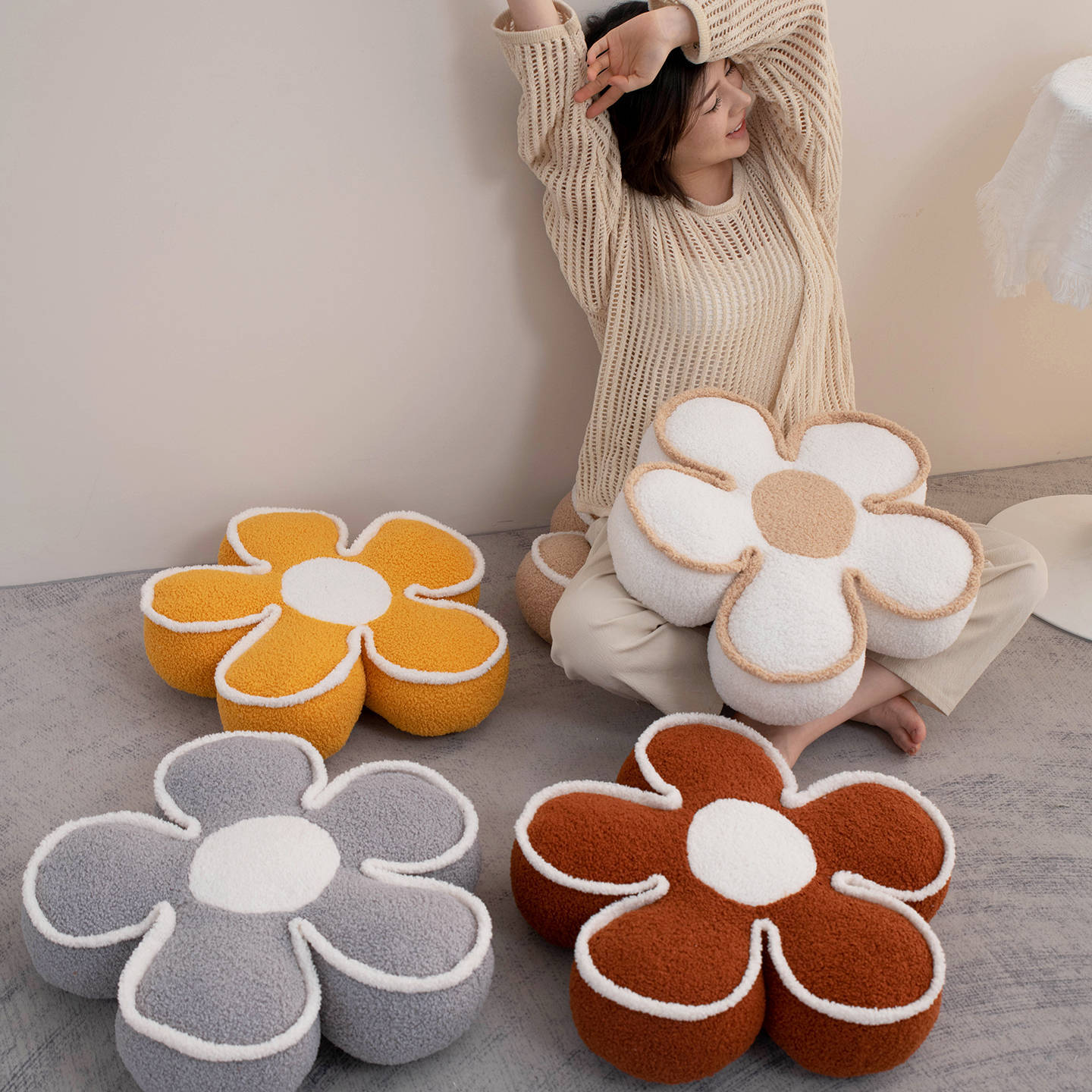 Scandinavian Soft Decoration Living Room Sofa Pillow French Flower Cushion Ornaments Five-Petal Flower Bay Window Cushion Waist Cushion