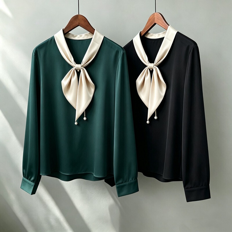 Designer model. Satin Glossy Vintage Bow Tie Ribbon Solid Color Loose Casual Slimming Shirt Designer model. Satin Glossy Vintage Bow Tie Ribbon Solid Color Loose Casual Slimming Shirt