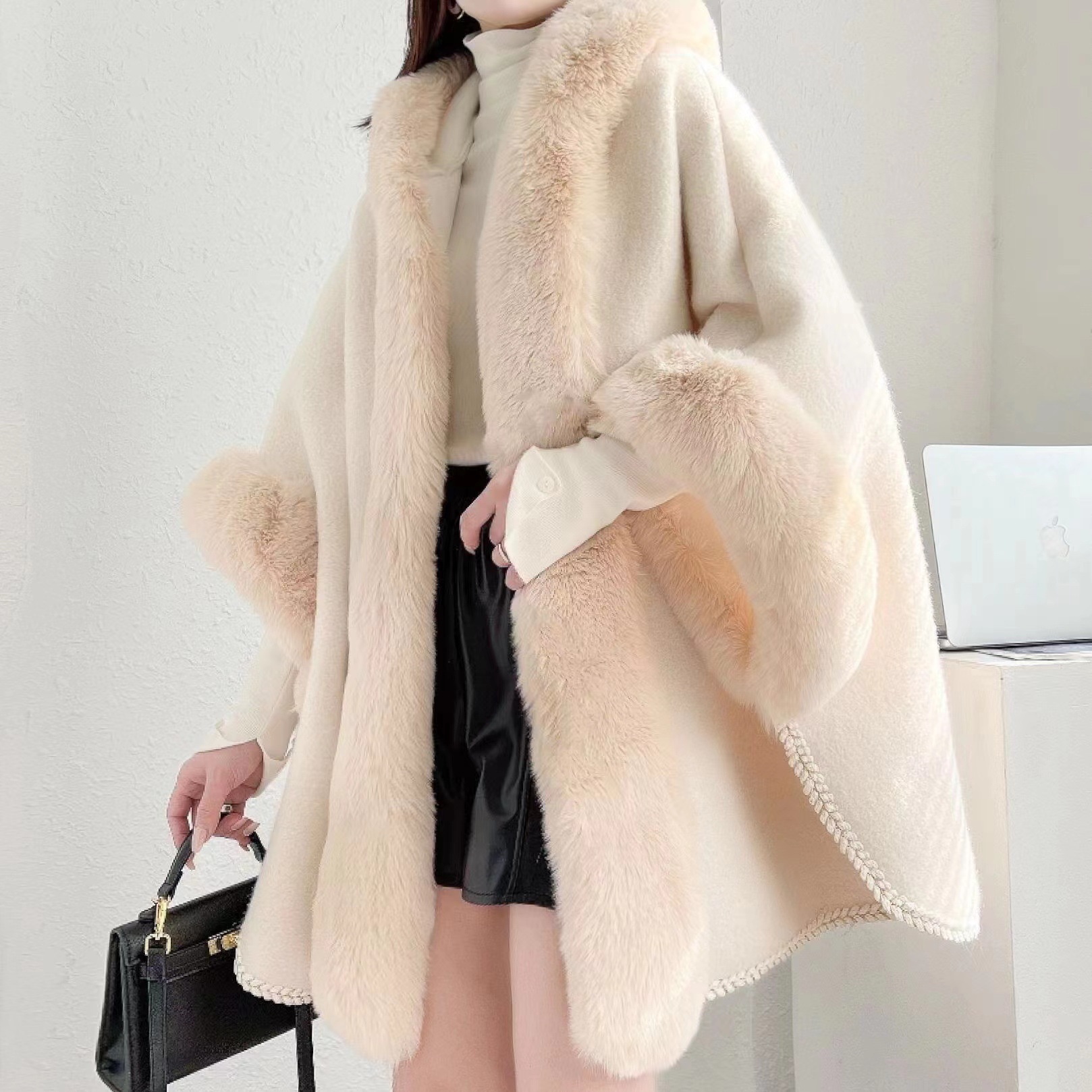 Fur collar cape shawl women's fleece thickened mid-length hooded cardigan plus-size woolen coat_voghion.com