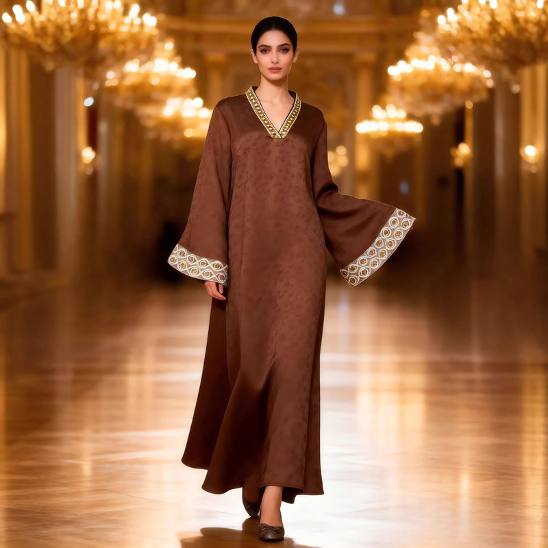 Elegant Coffee-Colored Embroidered Cuff Long Dress, Loose Fit, Slimming, Plus-Size Women's Ethnic Style Workwear Gown Elegant Coffee-Colored Embroidered Cuff Long Dress, Loose Fit, Slimming, Plus-Size Women's Ethnic Style Workwear Gown