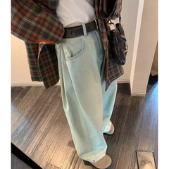 美式休闲浅色直筒牛仔裤女春秋款复古做旧高腰垂感显瘦阔腿长裤子