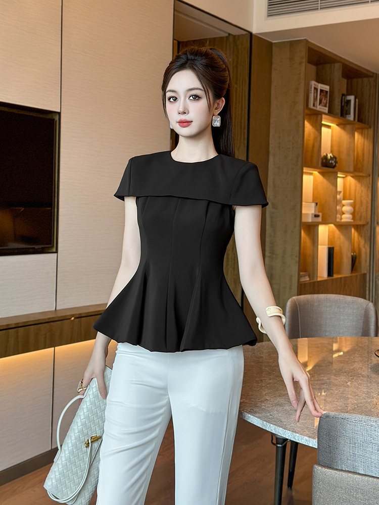 Áo choàng ngắn tay nữ viền xếp nếp eo — Màu đen