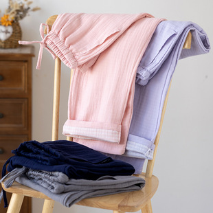 Yarn-Dyed Pure Cotton Double-Layer Gauze Pajamas for Women, Loose and Comfortable Pants, Spring and Summer Thin Men's Large Size Home Pants