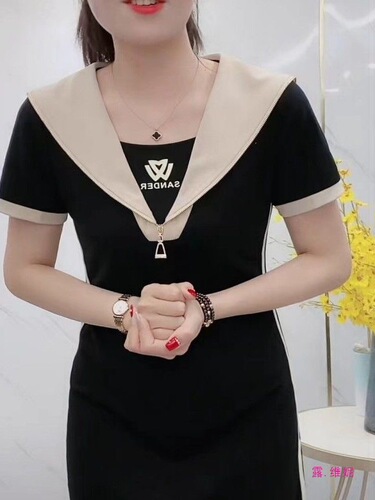 Western-style 2025 summer new style fake two-piece zipper navy collar dress fashionable slimming and skin-covering mid-length dress