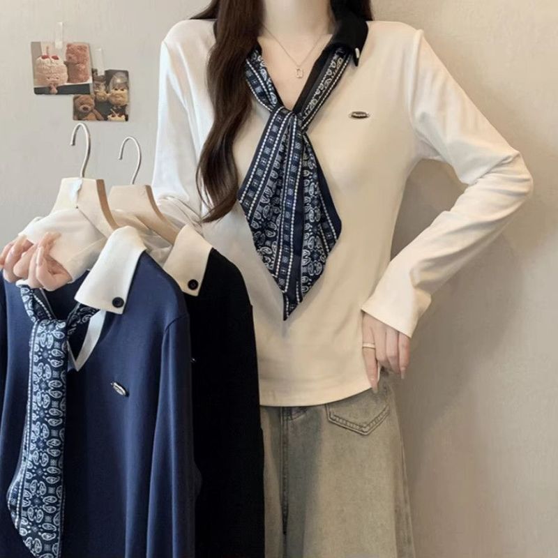 2025秋季新款遮肚设计感polo领丝巾长袖T恤女收腰显瘦打底衫上衣|undefined